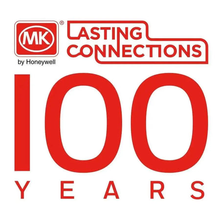 MK Electric logo with Lasting Connections banner and 100 Years celebration text UAE