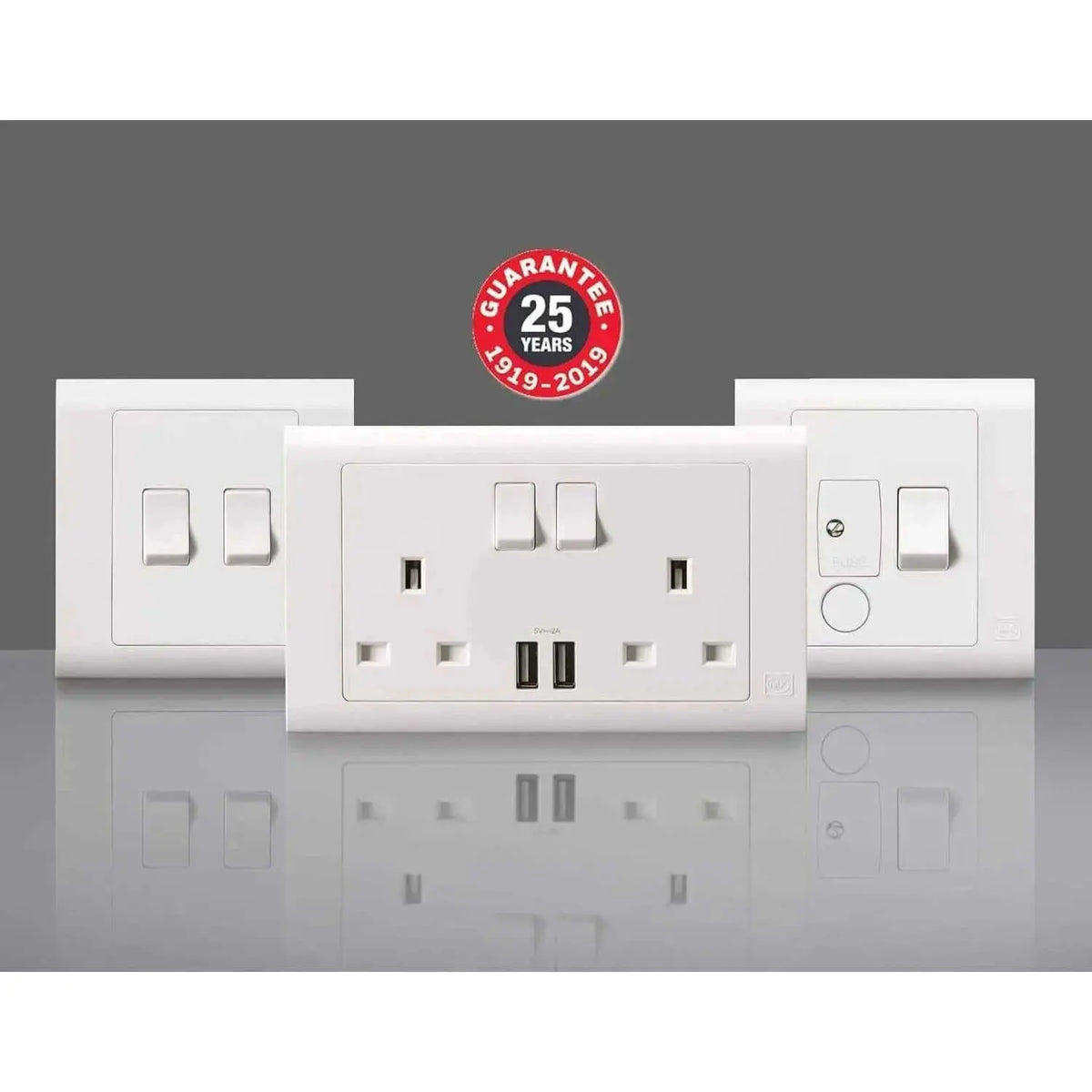 MK Essentials MV2757WHI 13A 1G SP Switched Socket, white, front view of three wall outlets UAE