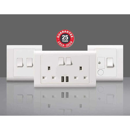 MK Essentials MV2757WHI 13A 1G SP Switched Socket, white, front view of three wall outlets UAE