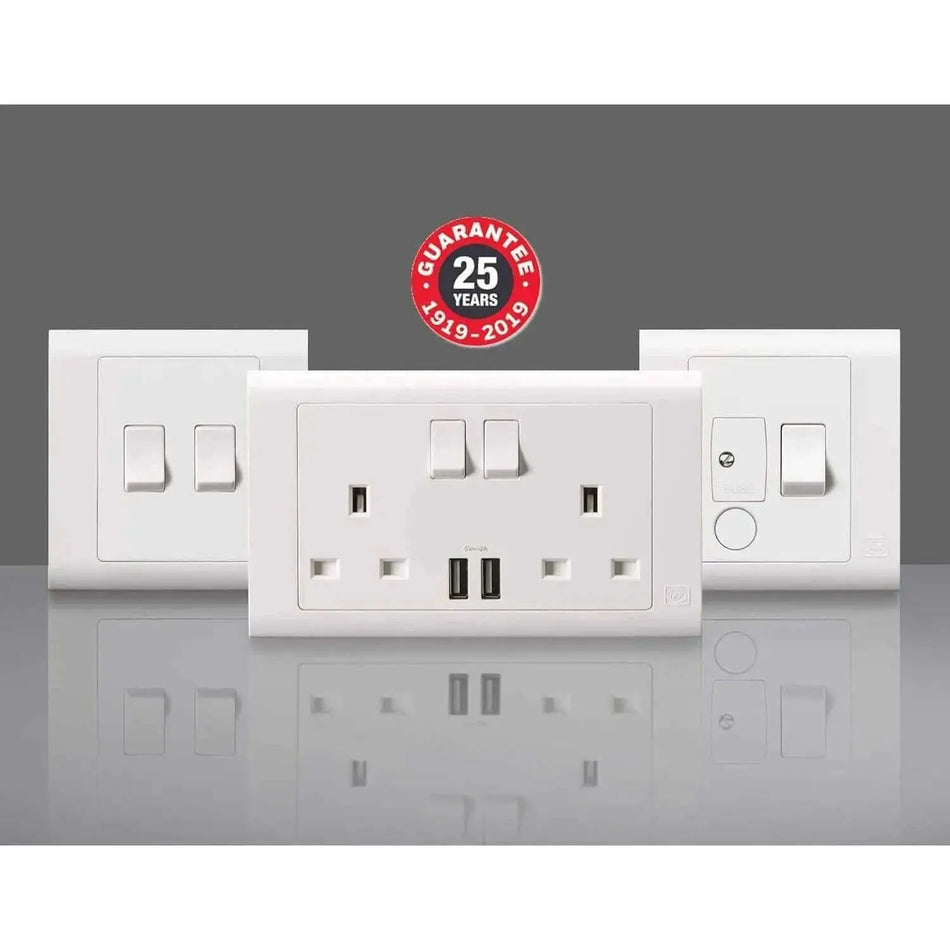 MK Essentials MV2757WHI 13A 1G SP Switched Socket, white, front view of three wall outlets UAE