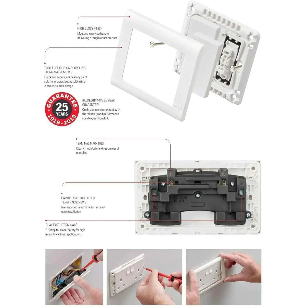 MK Electric MV2757WHI 13A 1G SP switched socket, white; front plate detached from backbox, with visible terminals. UAE