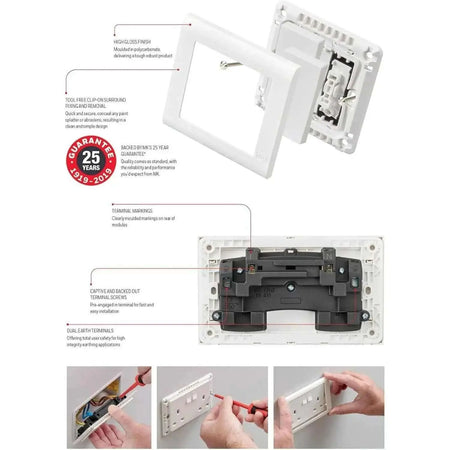 MK Electric MV2757WHI 13A 1G SP switched socket, white; front plate detached from backbox, with visible terminals. UAE