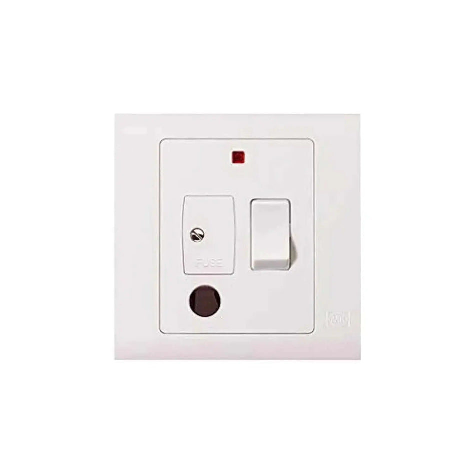 MK Electric 1G 13A switched fused connection unit on white wall plate with neon indicator and rocker switch MV1031WHI UAE