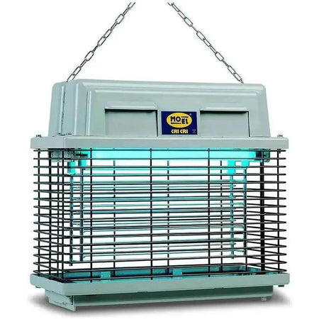 Mo-el Cri Cri 309 insect killer UV-A electric bug zapper, front view with hanging chains, blue glow UAE