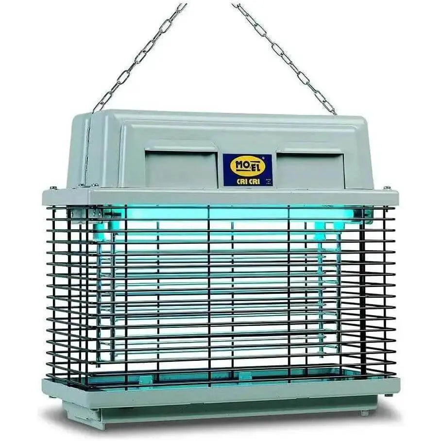 Mo-el Cri Cri 309 insect killer UV-A electric bug zapper, front view with hanging chains, blue glow UAE