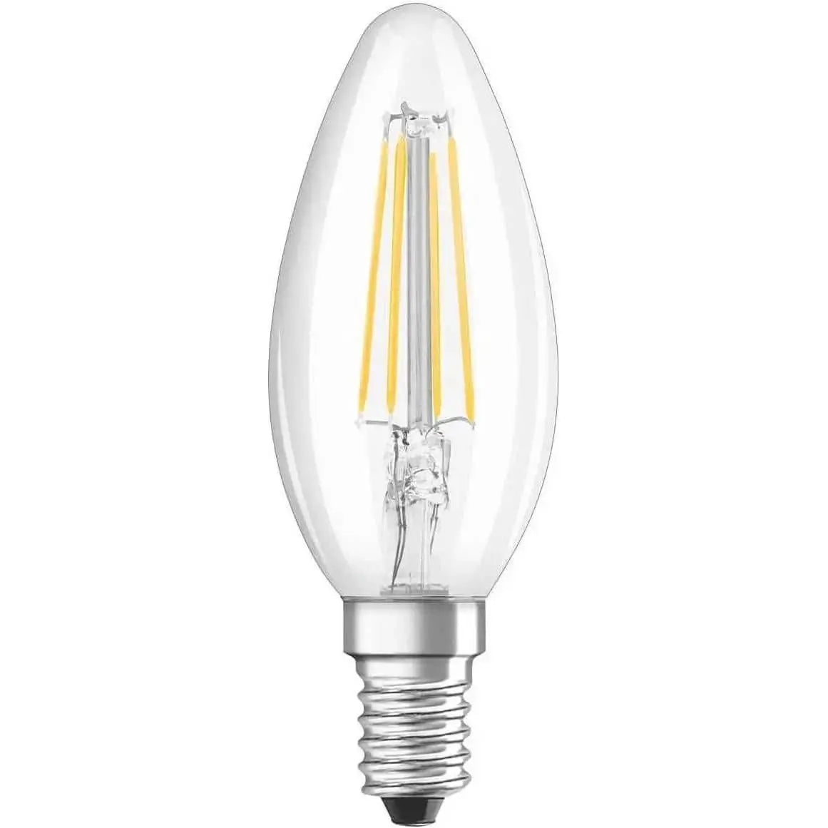 Osram E14 LED filament bulb, clear glass with visible filaments, warm white 2700K, 4W, non-dimmable. UAE