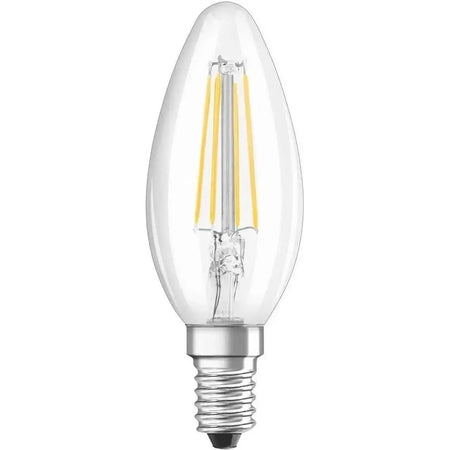 Osram E14 LED filament bulb, clear glass with visible filaments, warm white 2700K, 4W, non-dimmable. UAE