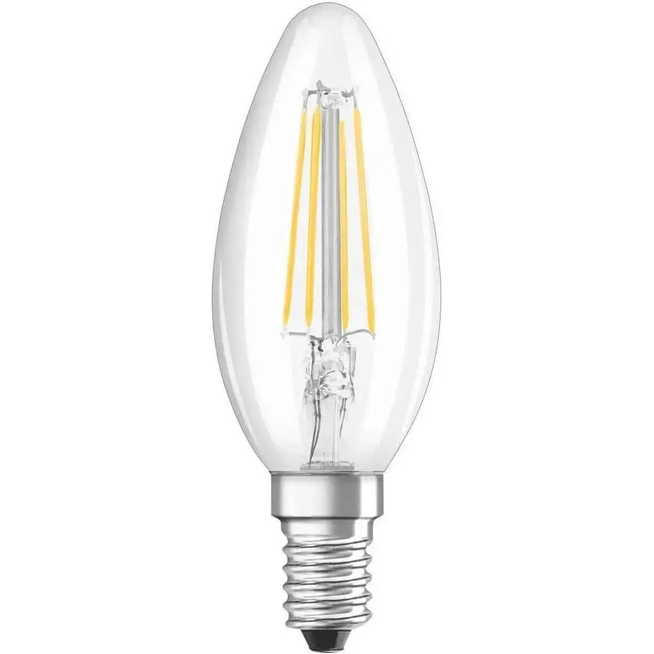 Osram E14 LED filament bulb, clear glass with visible filaments, warm white 2700K, 4W, non-dimmable. UAE