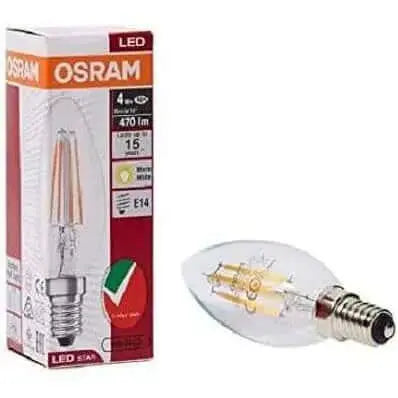 Osram LED E14 filament bulb, 4W, 2700K warm white, clear glass B40, non-dimmable; box and filament bulb shown UAE