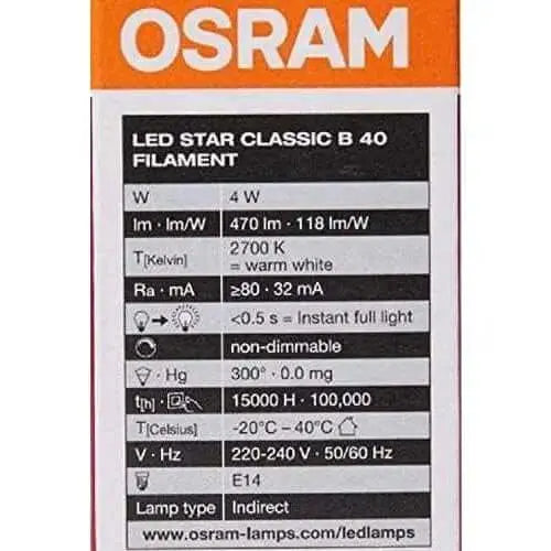 Osram LED Bulb E14 Filament 2700K 4W Classic B40 Clear Glass Non-dimmable packaging box UAE