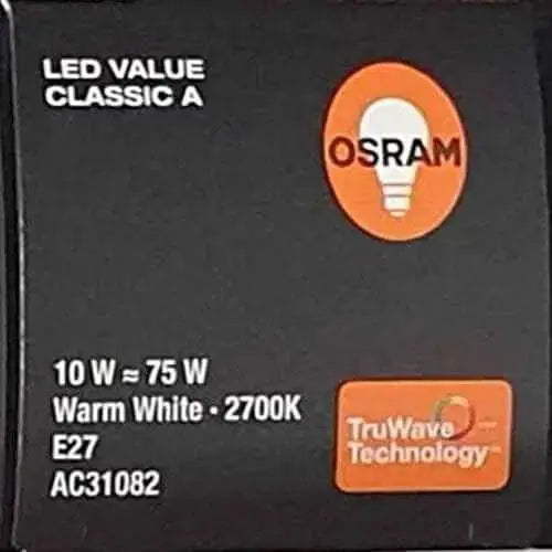 Osram LED Value Classic A E27 box displaying 10W, 2700K warm white and TrueWave Technology badge. UAE