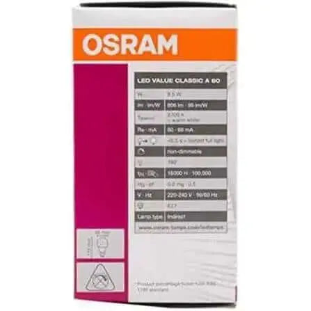 Osram LED bulb Clas A 8W 2700K warm white, E27 base, shown in its packaging box. UAE