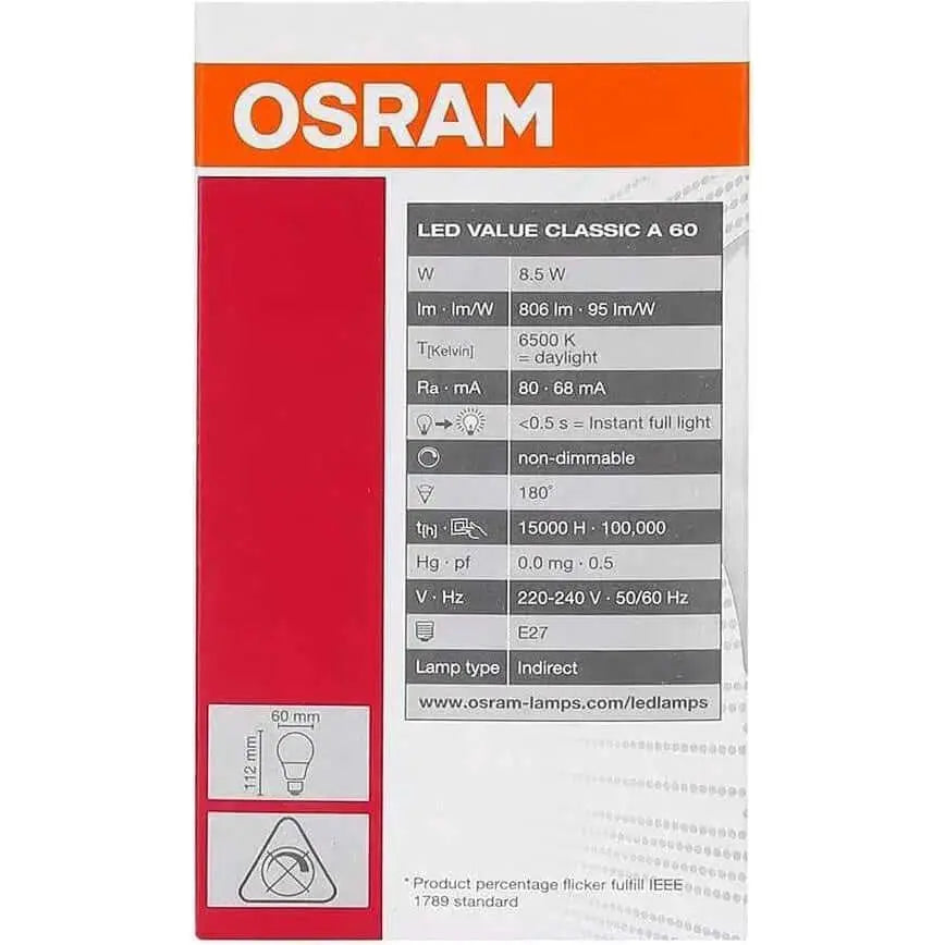 Osram LED Bulb E27 Value Lamp Classic A 8W, 6500K cool daylight, boxed packaging with Osram logo UAE