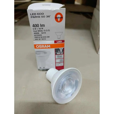 Osram LED Eco PAR16 5W GU10 warm white bulb beside its box, pack of 10 UAE