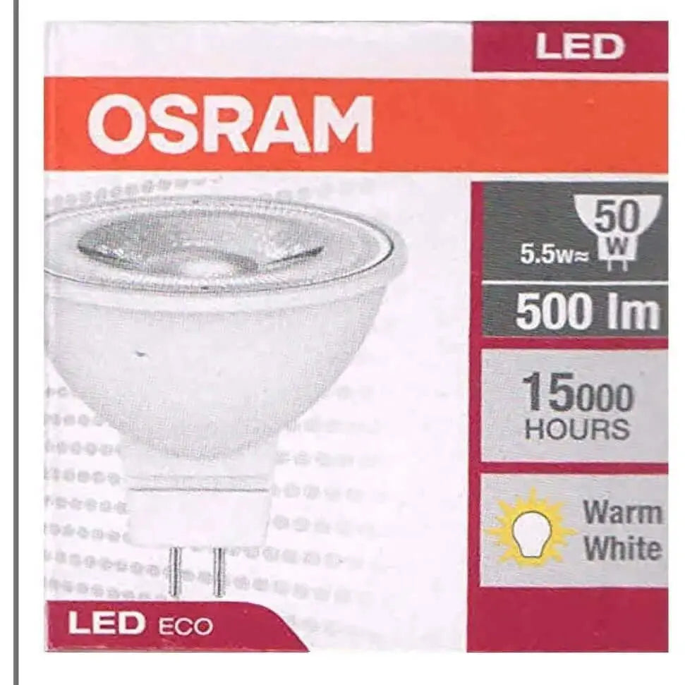 Osram LED Value MR16 lamp packaging, front view, with LED ECO label, 5.5W/240V, 500 lm, warm white, retail box UAE