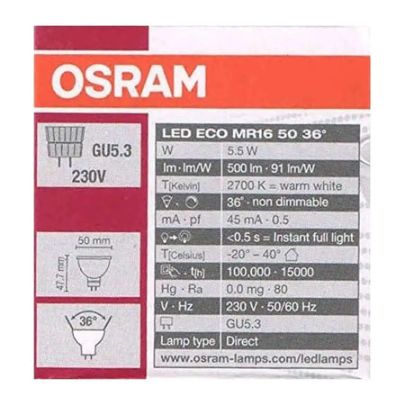 Osram LED Value MR16 50/36 lamp, 5.5W, 500 lm, warm white, GU5.3 base, 36° beam, non-dimmable UAE