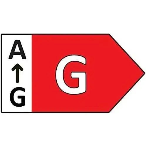 Energy efficiency label showing the A–G scale with a red panel and bold G grade. UAE