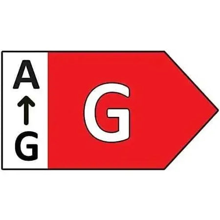 Energy efficiency label showing the A–G scale with a red panel and bold G grade. UAE
