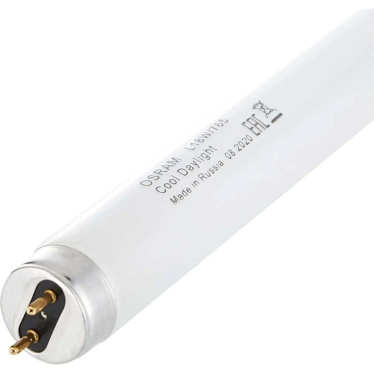 Osram tube light, white, 18W, 2ft T8, fluorescent lamp with metal end caps and twin-pin base visible. UAE