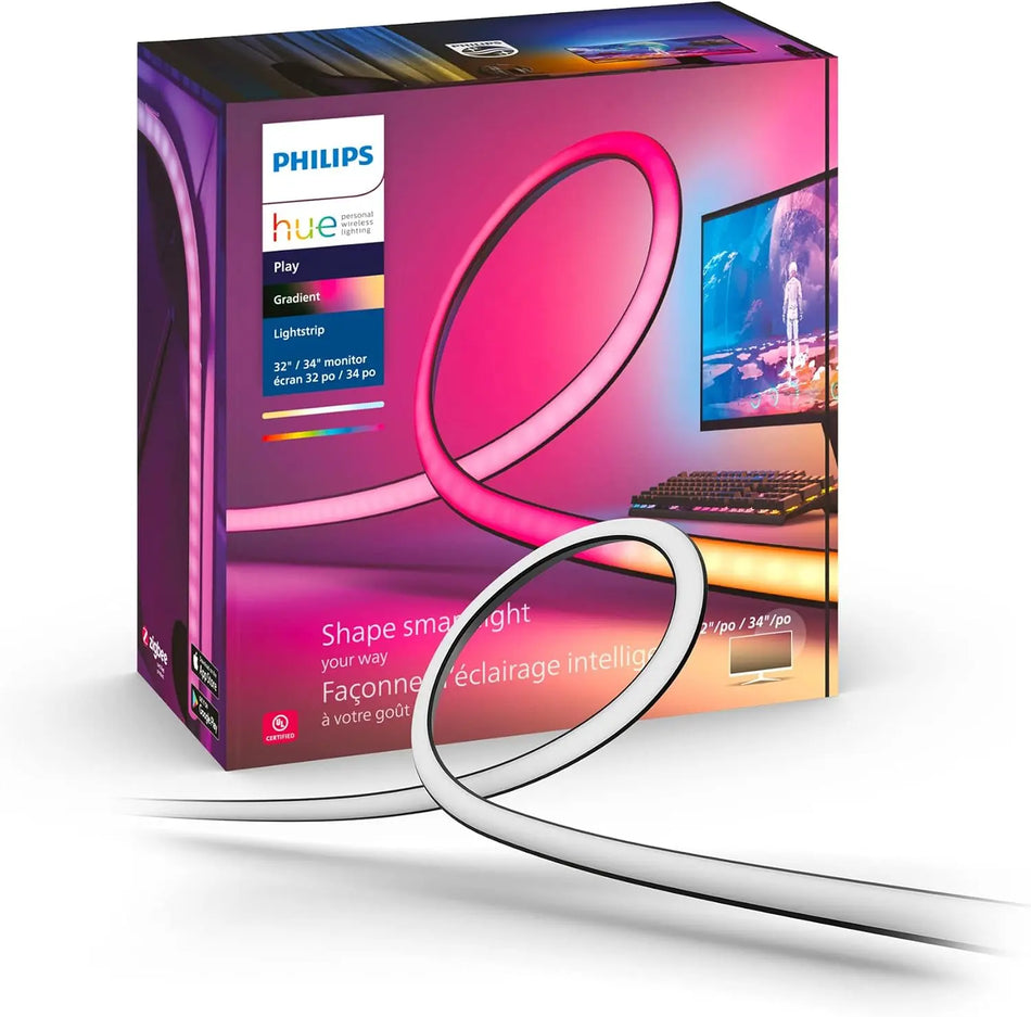Philips Hue Play Gradient Lightstrip installed behind a 32 to 34 inch monitor
