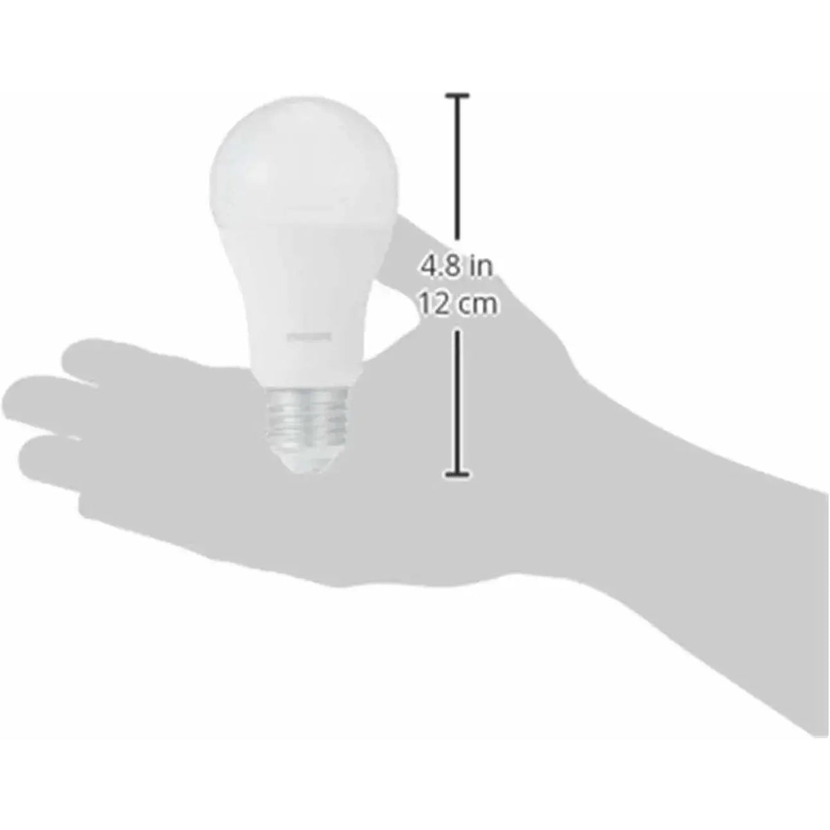 Philips Essential LED Bulb 13W E27, warm white 3000K, held in hand with 4.8 in (12 cm) scale. UAE