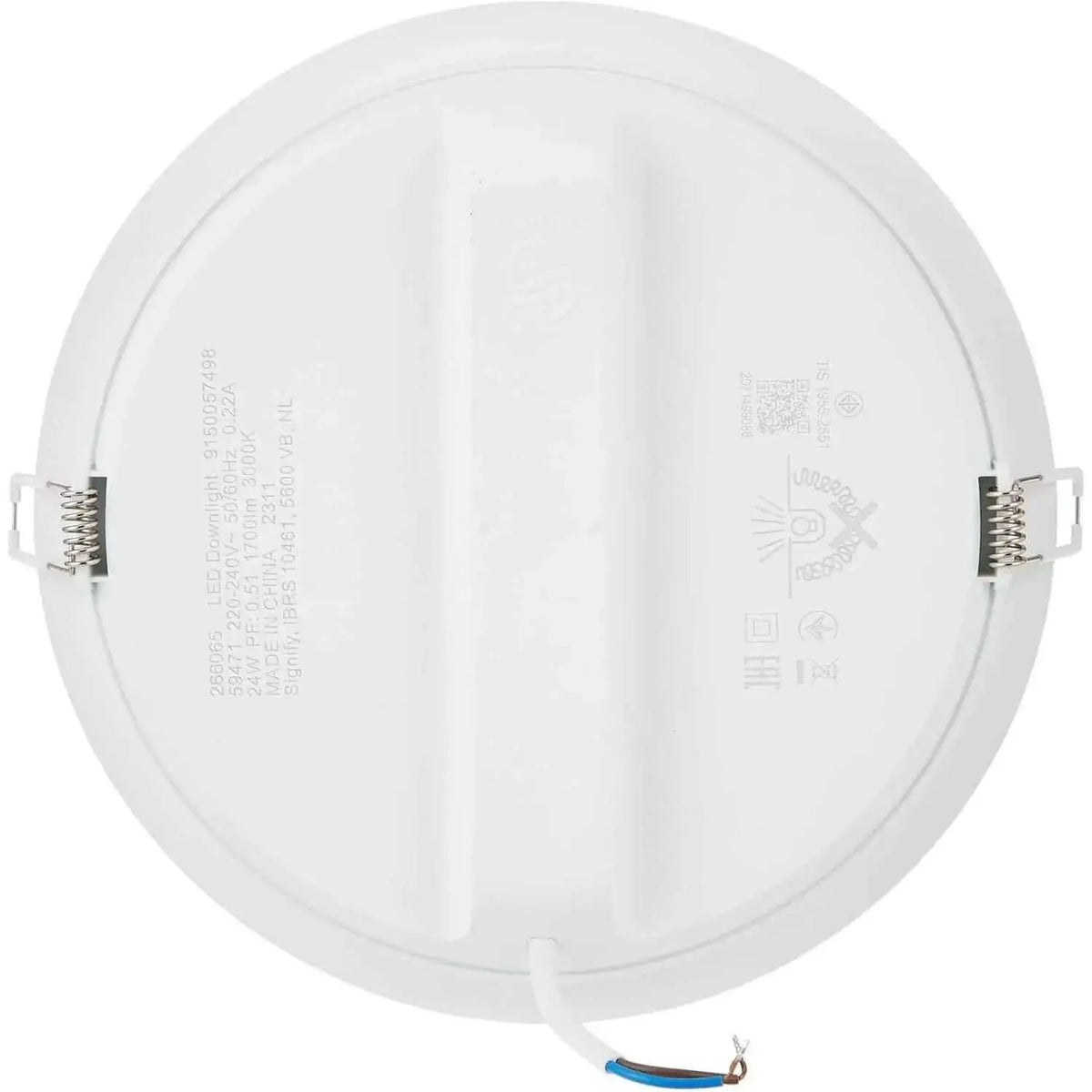 Philips Meson LED ceiling downlight, round white 200mm, 24W 1820lm, back view with spring clips and wiring UAE