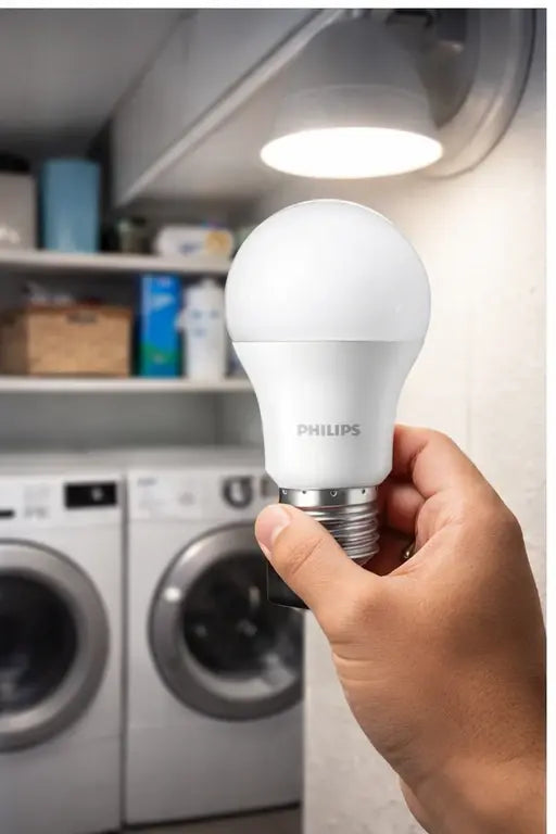 Philips Essential LED Bulb 13W E27 230V, 6500K cool daylight, held in hand near laundry appliances. UAE