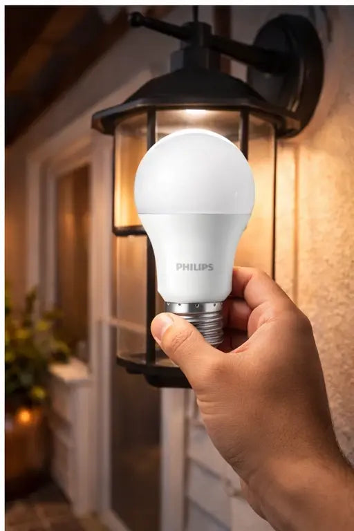 Philips Essential LED bulb, 11W E27, warm white 3000K, held in hand near an outdoor lantern with Philips logo. UAE