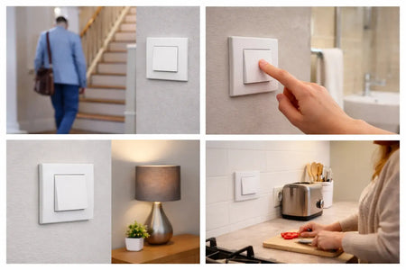 MK Electric MV4781WHI white 20AX 1G 2-Way SP wide rocker light switch on wall; shown in hallway and kitchen. UAE