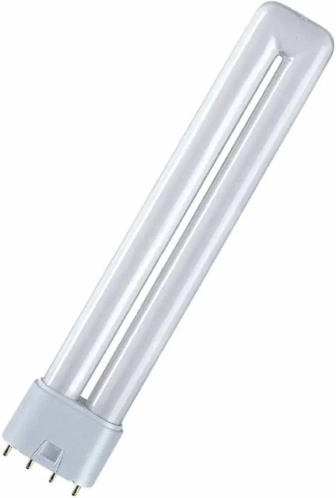 Osram Dulux-L 24W 2G11 4-pin CFL lamp with twin tubes and gray base, angled view.