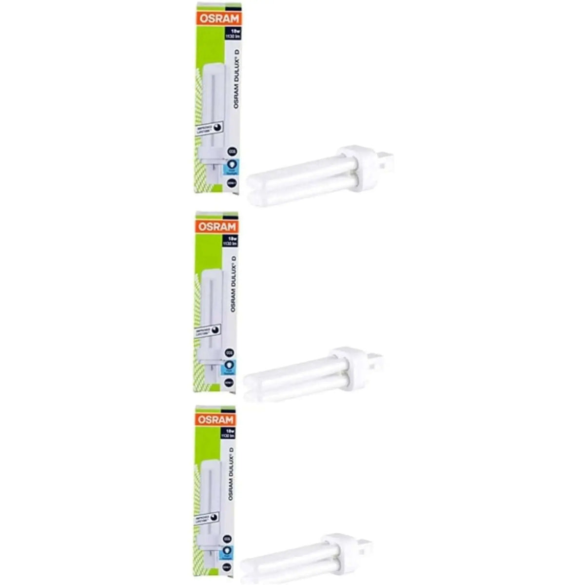 Osram Dulux‑D 18W G24d‑2 CFL lamp, 1200 lm, shown as three white tubes with bases in packaging UAE