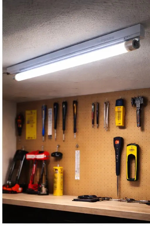 Philips TL-D 36W 4 ft Cool Daylight fluorescent tube in a ceiling-mounted fixture above a pegboard with tools. UAE