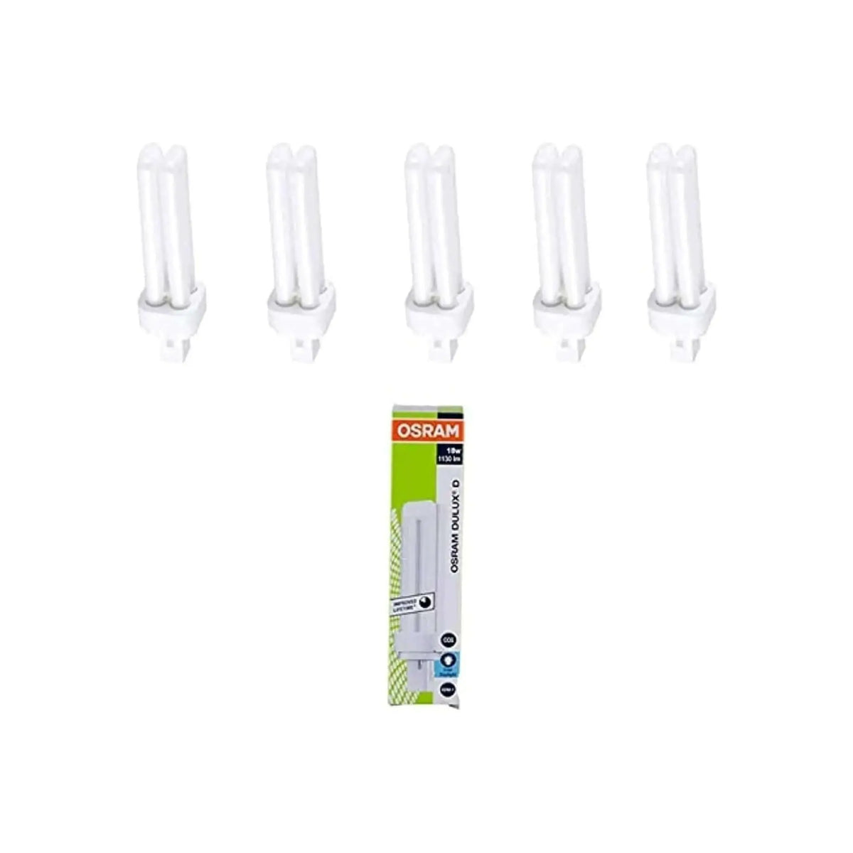 Osram Dulux-D 18W 2-pin G24d-2 CFL lamps, 1200 lm, five bulbs with Osram packaging. UAE