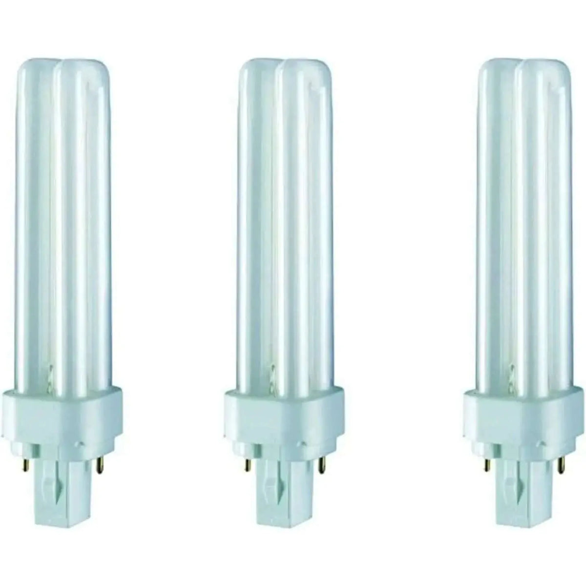 Osram Dulux-D 18W G24d-2 compact fluorescent lamp, three units shown upright with two-pin bases. UAE