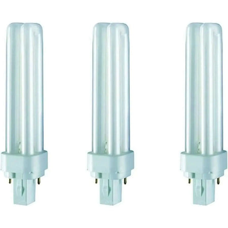 Osram Dulux-D 18W G24d-2 compact fluorescent lamp, three units shown upright with two-pin bases. UAE
