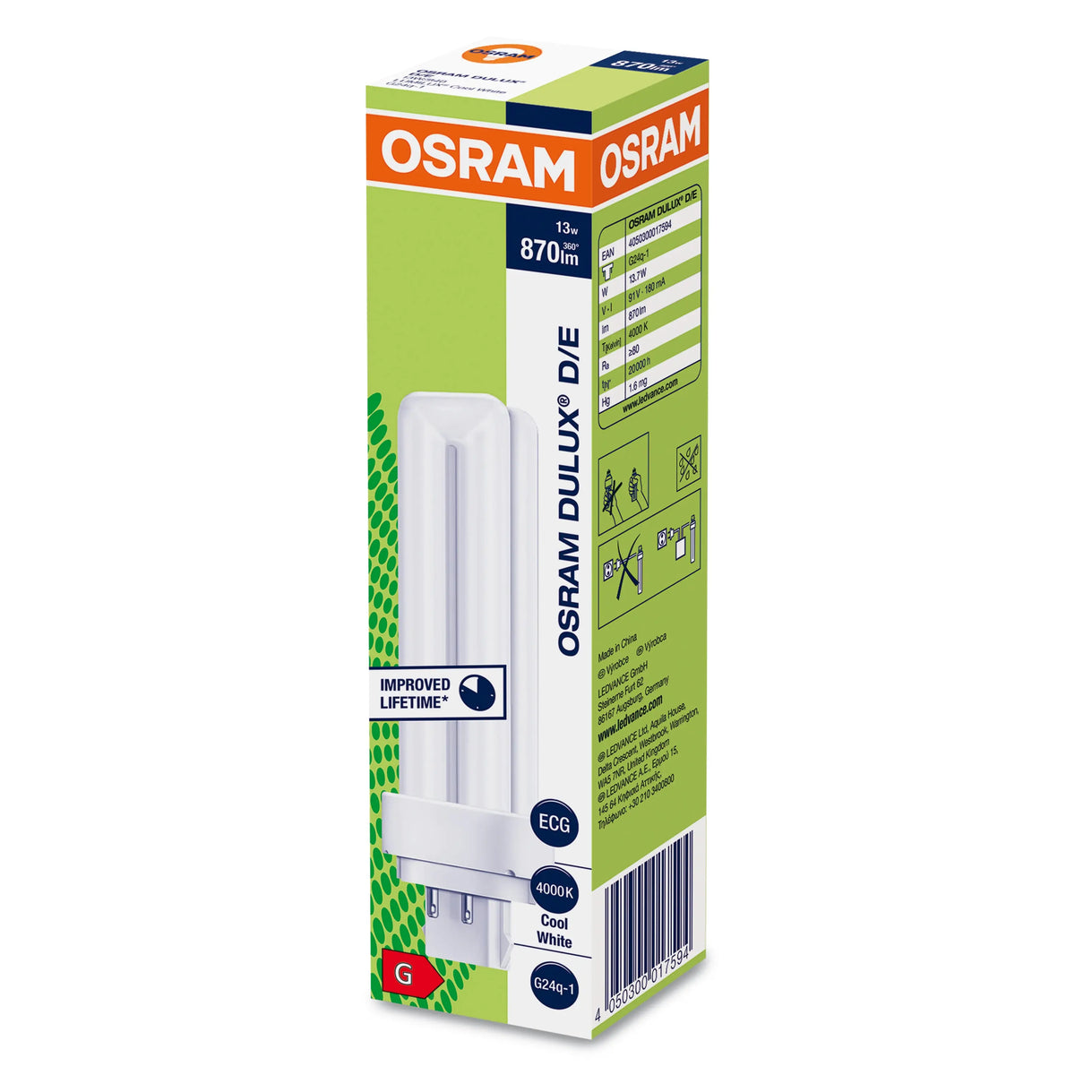 Osram PL Lamp Dulux D/E 13W 4Pin G24Q-1, 1800Lm Osram