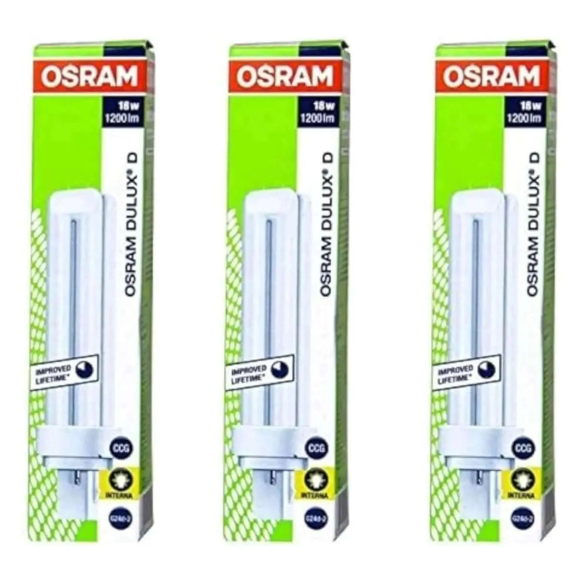 Packaging image of three Osram Dulux-D 18W G24d-2 compact fluorescent lamps, 1200 lm, in green and white boxes. UAE