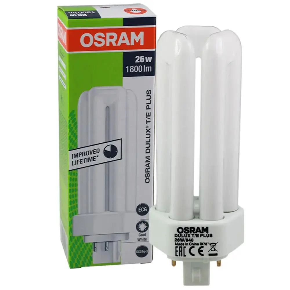 CFL bulb Osram Dulux T/E Plus 26W GX24q beside its packaging box.