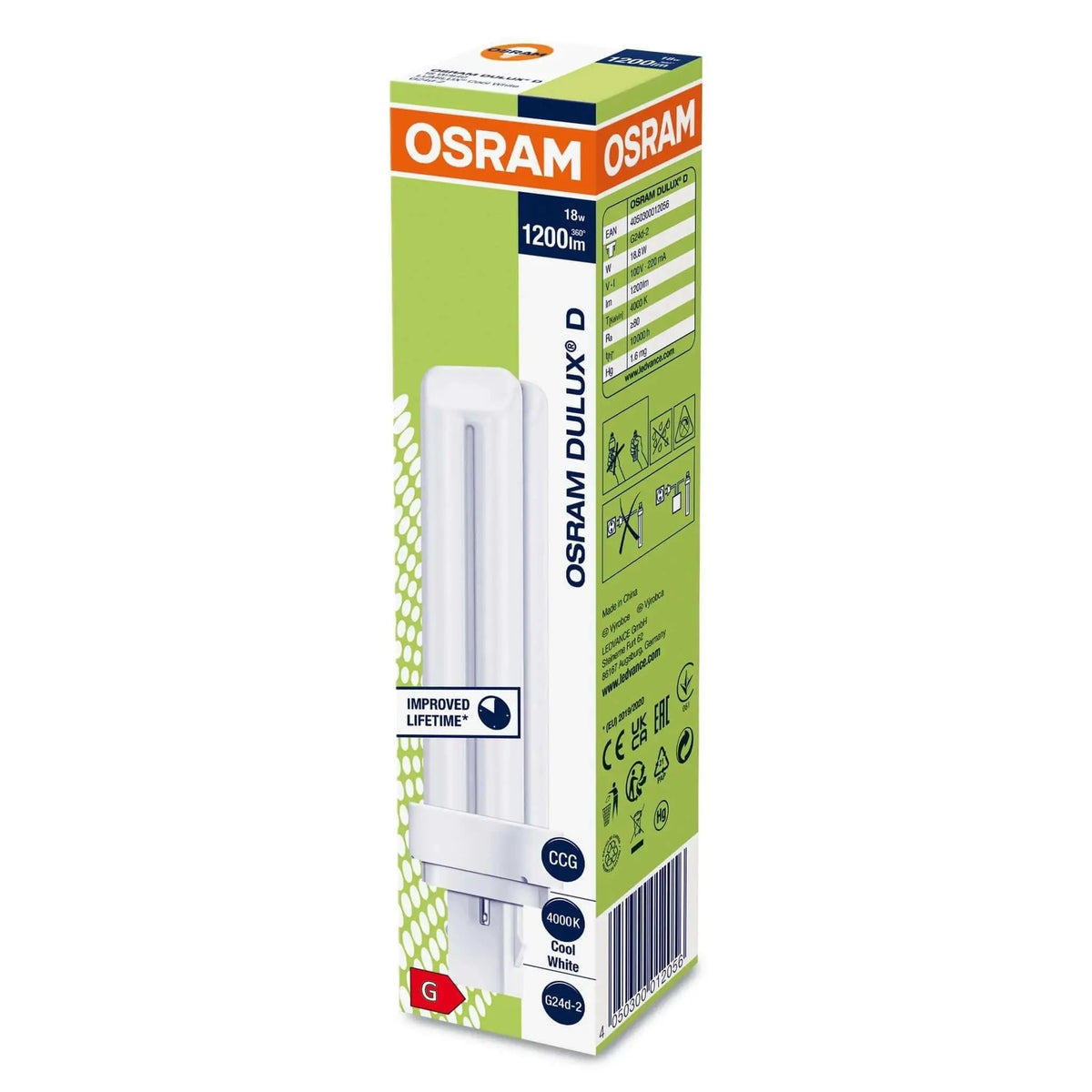 Osram Dulux-D 18W G24d-2 compact fluorescent lamp in packaging box, 1200 lm visible. UAE