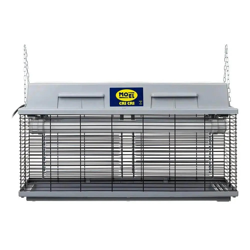 Mo-el Cri Cri 307 insect killer: gray housing, black wire mesh, 40W UV-A bug zapper with hanging chains. UAE