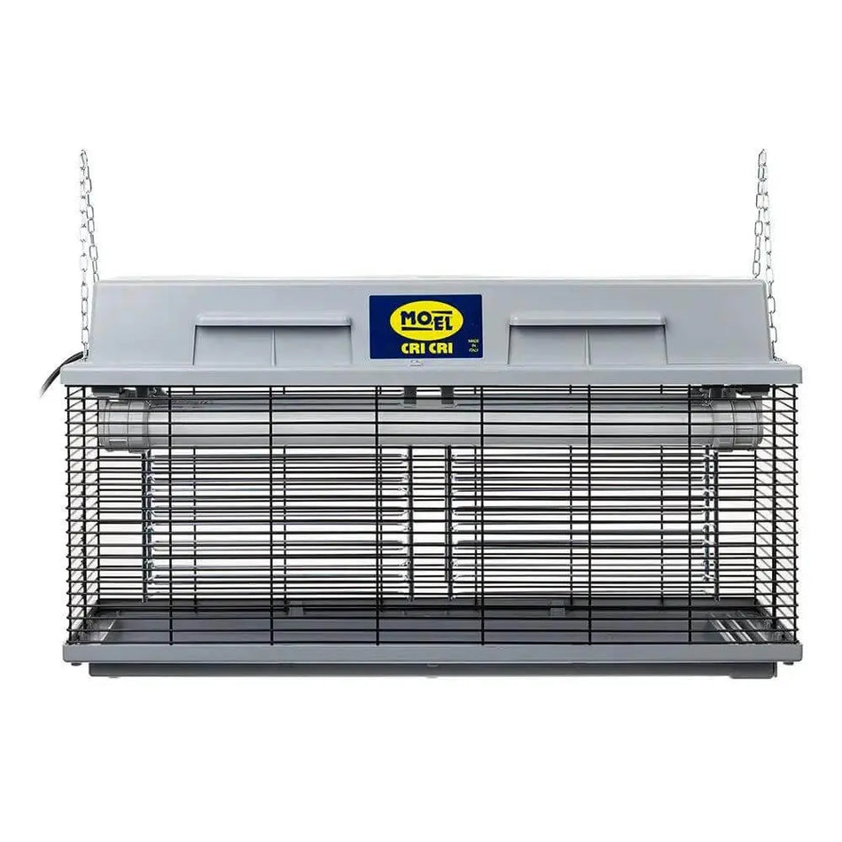 Mo-el Cri Cri 307 insect killer: gray housing, black wire mesh, 40W UV-A bug zapper with hanging chains. UAE