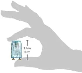 Deluxe Electricals Philips Starter S10 4-65W Sin 220-240V, small blue glass starter shown beside a hand for scale UAE