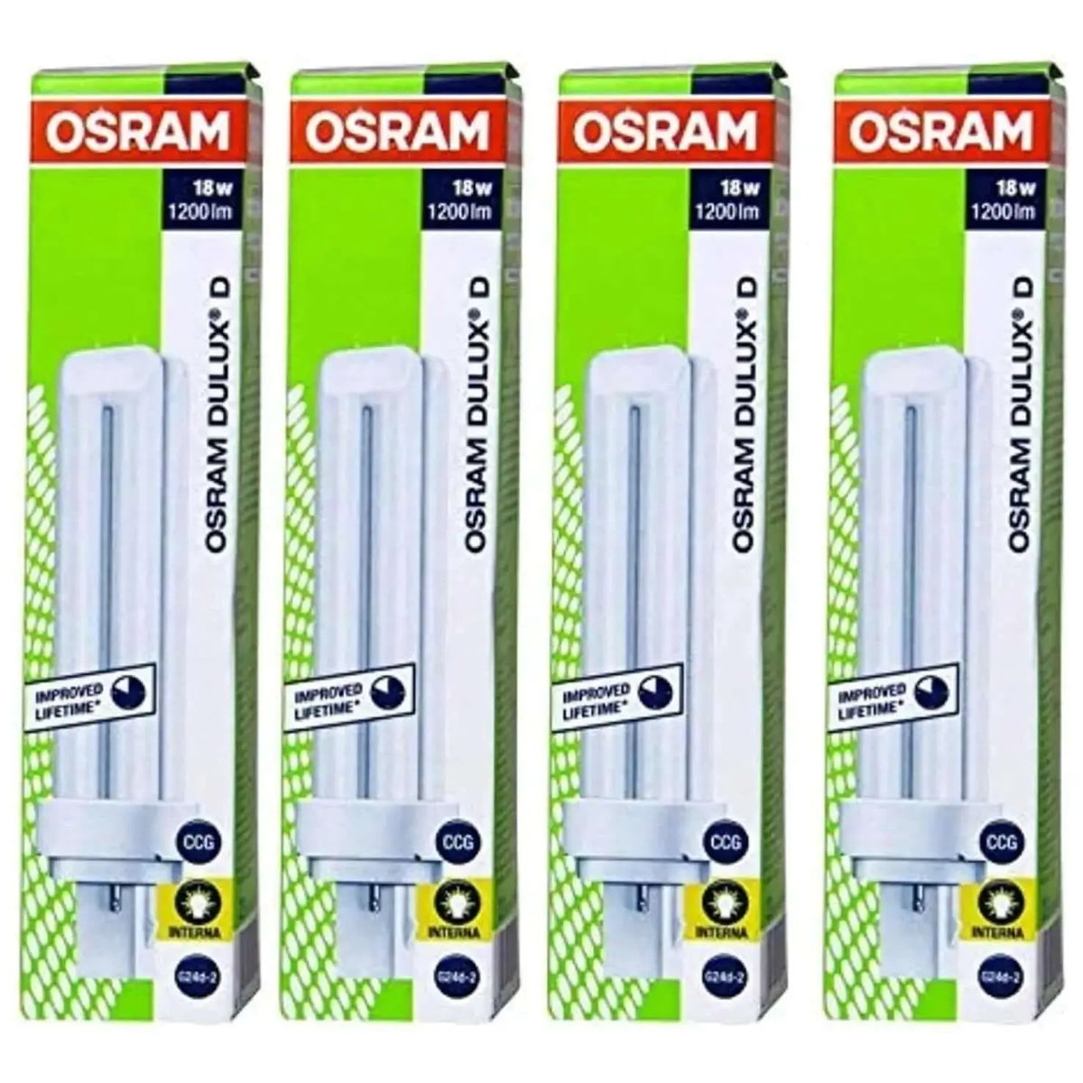 Osram Dulux-D 18W 2-pin G24d-2 CFL lamp packaging; four front-view boxes showing 1200 lm. UAE