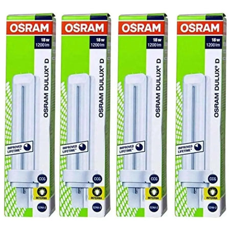 Osram Dulux-D 18W 2-pin G24d-2 CFL lamp packaging; four front-view boxes showing 1200 lm. UAE