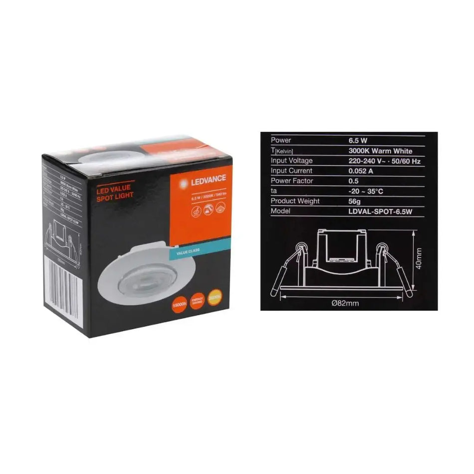 Ledvance LED Spot Light Fitting, 6.5W, 3000K warm white, 38° beam angle, shown with packaging box.