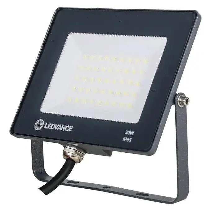 Ledvance LED Eco-Lite Floodlight 30W IP65 front view; black housing, mounting bracket, cable, LED array.