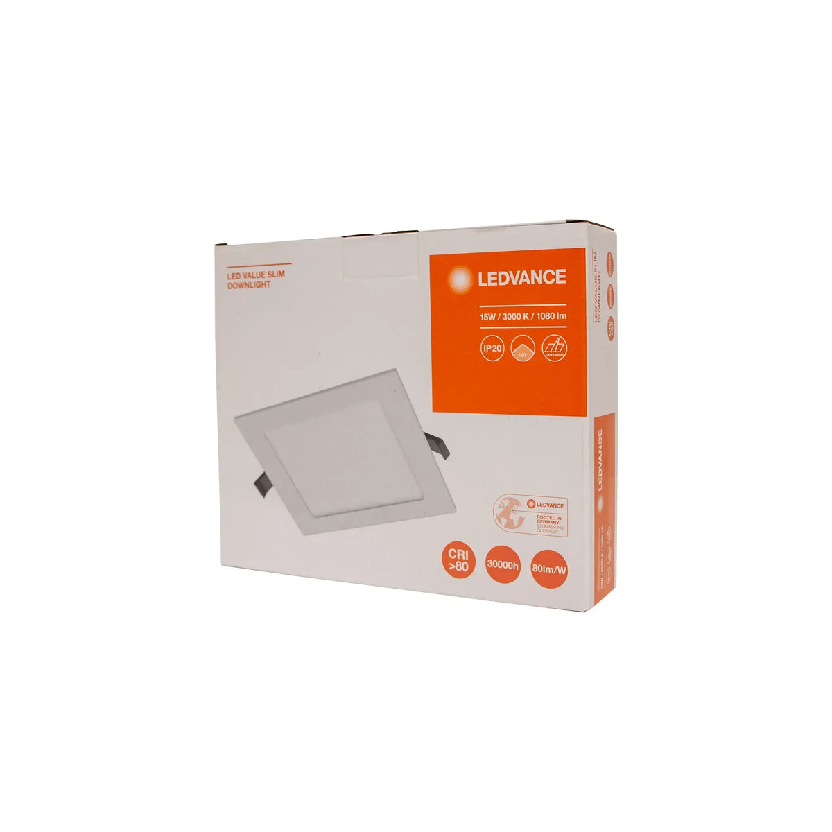 Ledvance LED square slim panel downlight 15W 6-inch packaging box with orange logo and panel image