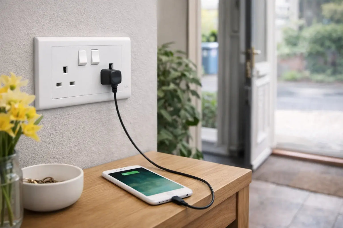 MK Electric MV2747WHI two-gang 13A switched socket on a white wall plate with a black plug. UAE