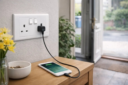 MK Electric MV2747WHI two-gang 13A switched socket on a white wall plate with a black plug. UAE