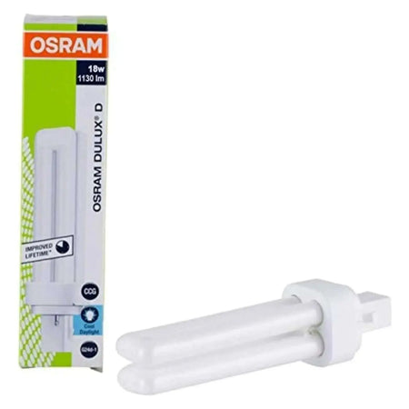 Osram Dulux-D 18W 2Pin G24d-2 CFL lamp 1200lm in packaging; white twin-tube PL lamp visible. UAE